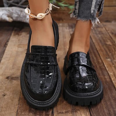 Lente Dames Chunky Platform Loafers Dikke Zool Slip-On Casual Schoenen Vrouw Mode Zwart Lakleer Jk Uniform Schoenen 43 black
