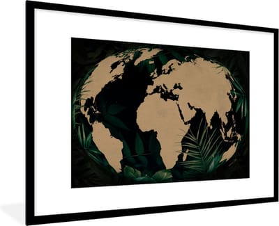 Poster in lijst - Fotolijst 90x60 cm - Posters - Wereldkaart - Wereldbol - Planten - Posterlijst zwart - Decoratie - Wanddecoratie woonkamer - Muurdecoratie slaapkamer
