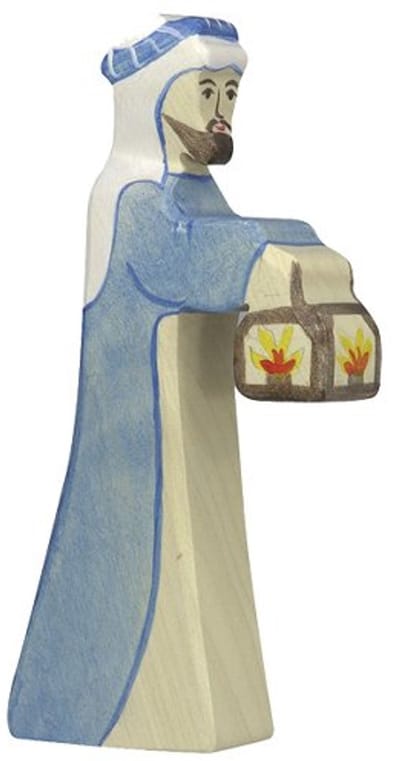 HOLZTIGER Kerstmis - Herder Met Lamp Blauw/Wit - 7X2X14Cm - Houten Figuur - Handgemaakt