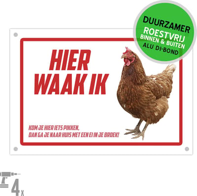 Bord/ waakbord + boorgaten (groot) | "Hier waak ik" | 30 x 20 cm | Kip | Gevaarlijke huisdier | Ludiek bordje | Betreden op eigen risico | Kieken | Roestvrij | 1 stuk