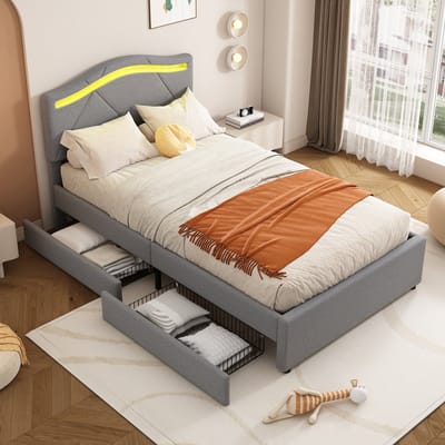 REDOM gestoffeerd bed 90x200 cm – Linnen grijs – LED in hoofdbord (app + knop, meerkleurig) – 2 lades aan zijkant – Opbergruimte onder bed – Verstelbaar hoofdbord – 120 kg