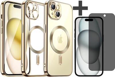 Hoesje met Privacy Screenprotector Geschikt voor iphone 15 Hoesje - Geschikt voor MagSafe - Arara siliconen Backcover - Goud