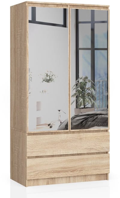Kledingkast S90 met Spiegel 2 Deuren en 2 Lades / AKORD Furniture Factory / Sonoma Eik / 90 x 180 x 51 cm
