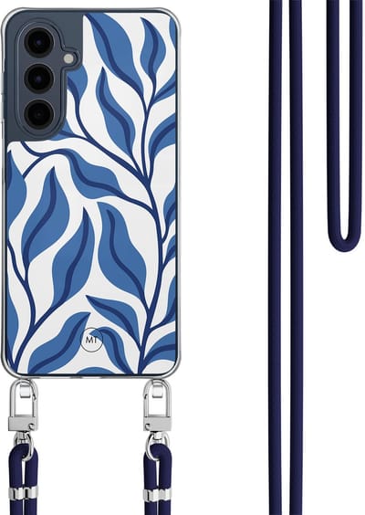 Hoesje met koord geschikt voor Samsung Galaxy A16 - Blue leaves - Inclusief Donkerblauw koord - Crossbody beschermhoes - Transparant, Blauw - Mooie Telefoonhoesjes