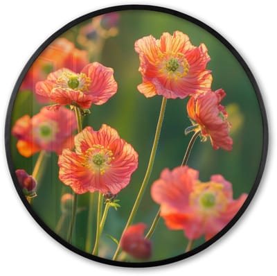 Poster in lijst Rond - Fotolijst 60x60 cm - Posters - Bloemenveld - Zonnestralen - Oranje - Ronde posterlijst zwart - Decoratie - Wanddecoratie woonkamer - Muurdecoratie slaapkamer