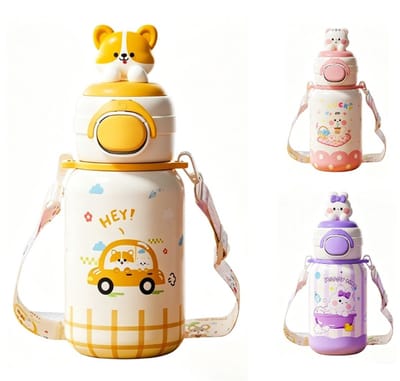 316 RVS Kinder Thermosfles & Kinderdrinkfles met Rietje en Drinktuit - 500ml Lekvrije Schoolbeker voor Meisjes & Jongens - 12u Warm/Koud Isoleerfles - BPA-Vrij & Food Grade - Ideaal Cadeau voor School, Sport & Onderweg - Met koord - Corgi Hond