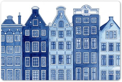 Placemats 45x30 cm - Placemat kunststof - 1 stuk - Aquarel - Grachtenpanden - Delfts - Blauw - Borden onderleggers - Decoratie voor op tafel - Keuken tafeldecoratie accessoires - Vinyl onderlegger - Tafelversiering