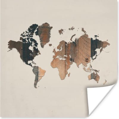Poster 30x30 cm - Wereldkaart - Bruin - Hout - Posters - Kamer decoratie - Wanddecoratie woonkamer - Muurdecoratie slaapkamer