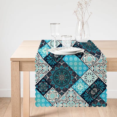 Bedrukt Velvet textiel Tafelloper 45x220cm - Blauwe&Zwarte Mandala - Fluweel