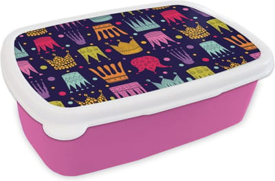 Broodtrommel Roze - Lunchbox - Brooddoos - Patronen - Kroon - Kleuren - Jongens - Kinderen - Kids - 18x12x6 cm - Kinderen - Meisje
