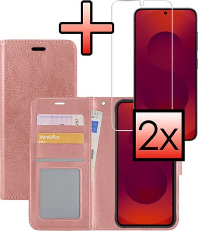 Hoesje - Met 2x Screenprotector - Geschikt voor Samsung Galaxy S25 - Luxe Pasjeshouder - Bookcase Portemonee - Flip Case - Kunstleer Book Case - Flipcase Hoes - Book Cover - Walletcase - Portemonneehoes - Rosé goud