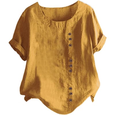 Kortemouw Blouse met Knoopsluiting Stijlvolle Dames Zomer Tops met Ronde Hals Knoopdetail Losvallend T-shirt in voor Casual voor A S geel
