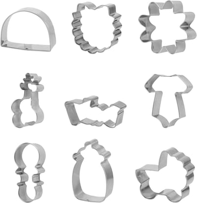 Set van 9 Baby Shower Koekjesuitsteekvormpjes van RVS voor Taarten, Fondant en Bakken met Rompertje, Fles, Kinderwagen en Slabbetje
