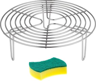 Rond stoomrek van roestvrij staal, roestvrijstalen inzetrek, stoomrek, rond stoomrek met wasspons, stoomrek, koelrek, voor bakken, koken, braden, stomen (20 x 7 cm,