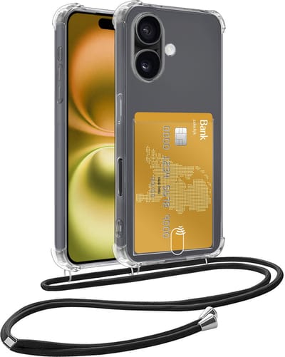 Hoesje Geschikt voor iPhone 16 Telefoonhoesje Met Koord Case Pashouder Siliconen - Hoes Geschikt voor iPhone 16 Hoesje Met Kaarthouder - Transparant