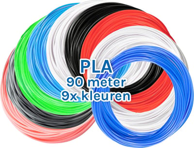 3D Pen Vullingen PLA 90 Meter - Filament 1,75 mm - 9 Kleuren - 9 x 10 Meter - Navullingen - DIY - Knutselen - Leren Tekenen - Creatief - Blauw, Turquoise, Groen, Transparant, Wit, Zwart, Grijs, Roze, Rood - 3D&Print