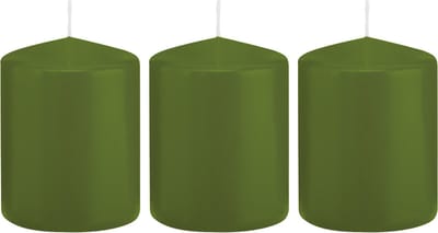 Trend Candles Cilinderkaars/stompkaars - 3x - olijfgroen - 6 x 8 cm - 29 branduren - met brandvertragende folie