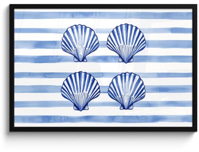 Poster in lijst - Fotolijst 90x60 cm - Posters - Vier schelpen - Blauw - Wit - Strepen - Posterlijst zwart - Decoratie - Wanddecoratie woonkamer - Muurdecoratie slaapkamer