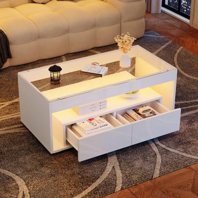 Salontafel - 100x50x40cm - LED Salontafel 2 Lades Dubbel Laags Glas Modern - Hoogglans - Wit