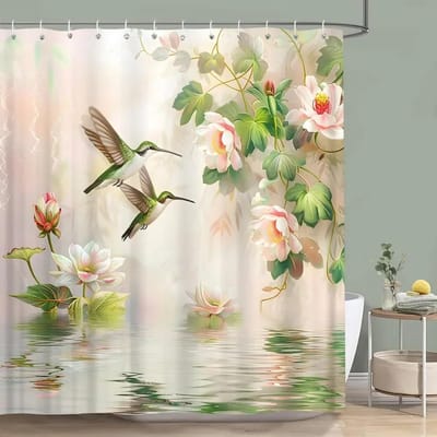 Kolibrie Bloemen Douchegordijn Vogels Aquarel op Bloementakken Bedrukt Polyester Badgordijnen Badkamer Decor met Haken 150x180cm-60x70in
