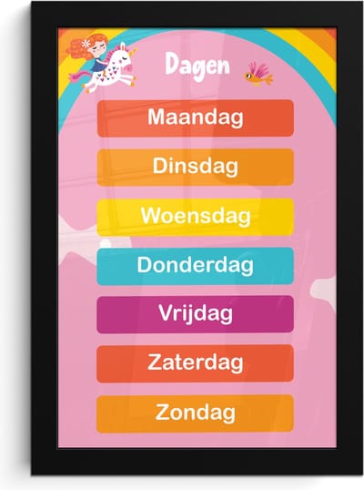 Poster in lijst - Fotolijst 20x30 cm - Posters - Dagen van de week - Educatief - Leren voor kinderen - Roze - Posterlijst zwart - Kamer decoratie - Wanddecoratie kinderkamer - Muurdecoratie babykamer