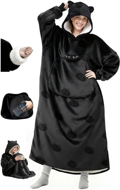 Oversized Draagbare Hoodie Dekentje voor Vrouwen, Super Zacht en Warm, Ideaal voor Thuisgebruik en Cozy Avonden met Schattige Zwarte Kat Design