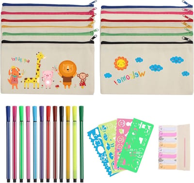 Multifunctionele DIY Make-up Tas met 12 Stuks Lege Canvas Ritszakken en Kleurpotloden voor Creatieve Projecten