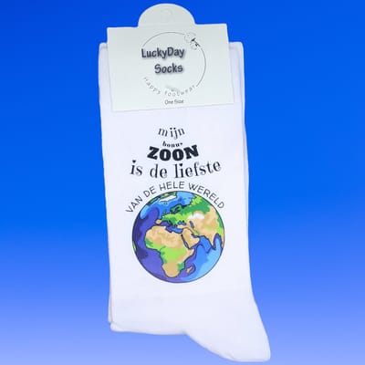 Liefste Zoon - Bonuszoon - Hou van je - Verjaardag - Gift - Bonus zoon cadeau - Zoontje -Sokken met tekst - Witte sokken - Cadeau voor zoon - Kado - Sokken - Verjaardags cadeau voor bonus zoon - LuckyDay Socks - Maat 37-44