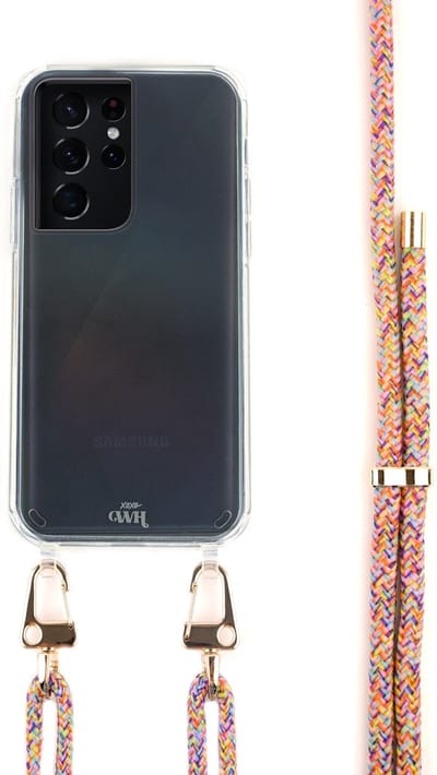 xoxo Wildhearts Rainbow Vibes siliconen hoesje - Geschikt voor Samsung S21 Ultra - Hoesje met koord - Telefoonkoord - Samsung hoesje - Transparant hoesje - Meerkleurig regenboog koord