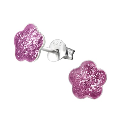 Joy|S - Zilveren bloem oorbellen - paars met glitter - 8 mm - oorknoppen
