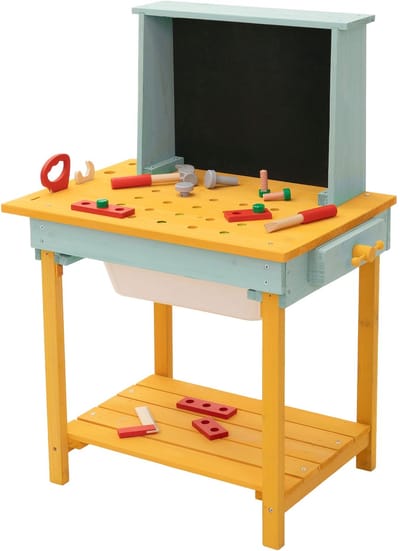 Kinderwerkbank voor buiten van massief dennenhout, kinderwerkbank met plank, modderkeuken en accessoires, weerbestendige kinderwerkbank voor gereedschap Joyz