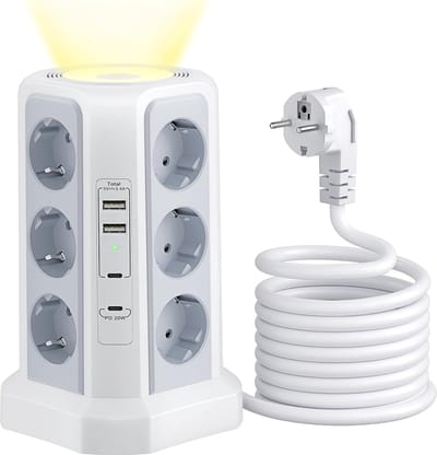 StayPowered 12-voudige Stekkerdoostoren - De Ultieme Oplossing voor Stroombeheer - 12 Stopcontacten - 4 USB Poorten - PD 20W Snelladen - 2M Snoer - Nachtlampje - Overspanningsbeveiliging - Duurzaam en Veilig - Wit - Levering Sneller dan Aangegeven!