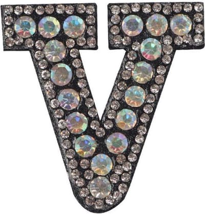 Strass Applicatie Alfabet Letter - 4,5 CM hoog - A t/m Z - Letter V - Zwart met witte stenen - Niet strijkbaar