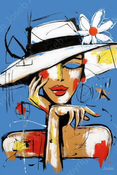 John Joseb Art (Aluminium) 120x80 | Vrouw met hoed en bloem, abstract in Herman Brood stijl, portret. kunst, mens, bruin, rood, blauw, wit, modern | foto-schilderij op dibond, metaal wanddecoratie