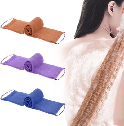 3-stuks Afrikaanse exfoliërende mesh spons - Afrikaanse mesh spons - Afrikaanse exfoliërende mesh spons voor rug en bad - Verwijdert vuil - Met handvat - 75*14 cm - Geschikt voor het exfoliëren van de lichaamshuid - Bruin, blauw, paars