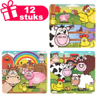 Henbrandt - 12 Stuks Boerderij Dieren Puzzels - Traktatie uitdeelcadeautjes voor kinderen & peuters - Traktaties en kinderverjaardagen - Klein grabbelton speelgoed voor in traktatie uitdeelzakjes