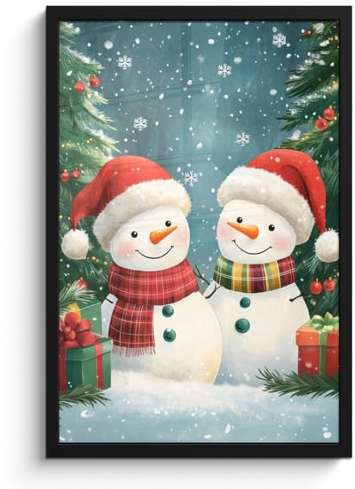 Poster in lijst - Fotolijst 40x60 cm - Posters - Sneeuwpop - Kerstsneeuw - Groen - Rood - Posterlijst zwart - Decoratie - Wanddecoratie woonkamer - Muurdecoratie slaapkamer - Kerstversiering - Kerstdecoratie voor binnen - Kerstmis