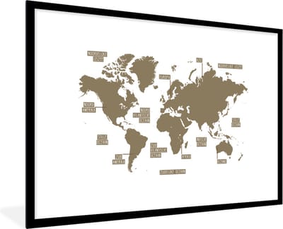 Poster in lijst - Fotolijst 90x60 cm - Posters - Wereldkaart - Topografie - Bruin - Posterlijst zwart - Decoratie - Wanddecoratie woonkamer - Muurdecoratie slaapkamer