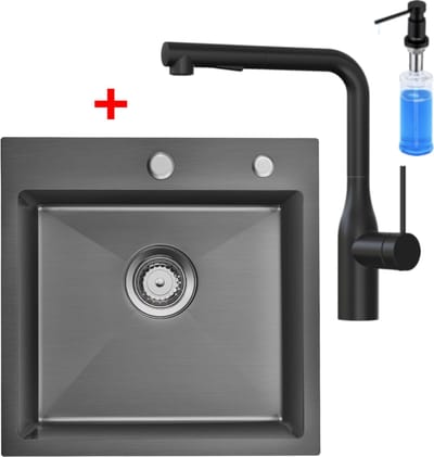 Auralum max Spoelbak voor keuken 45x45cm - Spoelbakken Keuken Met Keukenkraan en Zeepdispenser 300ML - Wasbak met waterafvoersysteem - Antraciet