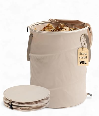 Famanu – Pop-up tuinafvalzak 90 liter - extra stabiel met dubbele bodem en deksel - opvouwbare bladzak en tuincontainer - beige
