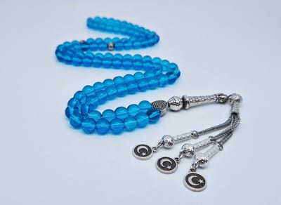Handgemaakte tesbih "Tasbih" natuursteen " Blauwe kwarts " - Aantal kralen 99 - Diameter kralen 8MM - met metaal tassel "Vlag van Turkije" - Een mooi cadeau-idee