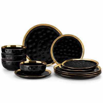 Serviesset - 4 Persoons Servies - Porselein - Dinerborden - Dessertborden - Ontbijtkommen - 12-delige Set - Zwart - Goud