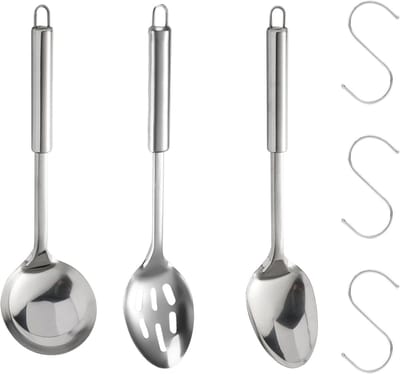 Set van 3 RVS Kooklepels, Soeplepel, Serveerlepel en Sleuflepel, Ideaal voor Keuken en Restaurant, Inclusief 3 RVS Haakjes voor Gemakkelijk Ophangen