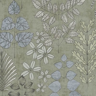 Landelijk behang Profhome 791491-GU vliesbehang hardvinyl warmdruk in reliëf licht gestructureerd met bloemmotief mat groen lichtblauw lichtgrijs 5,33 m2