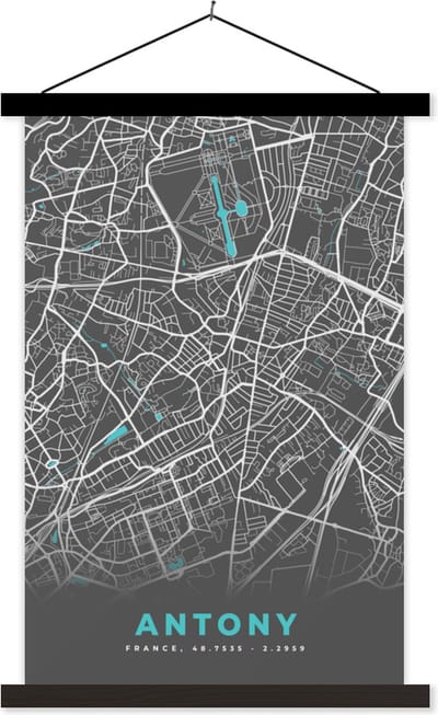 Posterhanger incl. Poster 40x60 cm - Schoolplaat - Antony - Kaart - Plattegrond - Stadskaart - Frankrijk - Textielposter - Zwarte latten - Stadskaart