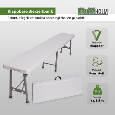 TRUTZHOLM Biertent Bankje voor 4 Personen - 180cm Opvouwbaar Feestbankje - Kunststof Wit Bierbankje Klapbank Tuinbank