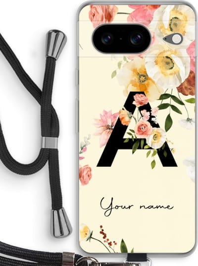 Gepersonaliseerd - Case Company® - Hoesje met koord geschikt voor Google Pixel 8 hoesje met Koord - Flirty Flowers Monogram - Telefoonhoesje met Zwart Koord - Bescherming aan alle Kanten en Over de Schermrand