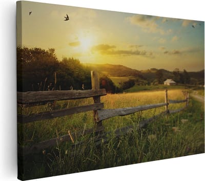 Artaza Canvas Schilderij Landschap Zonsondergang - 90x60 cm - Wanddecoratie Natuur - Muurdecoratie Weiland - Schilderijen Op Canvas