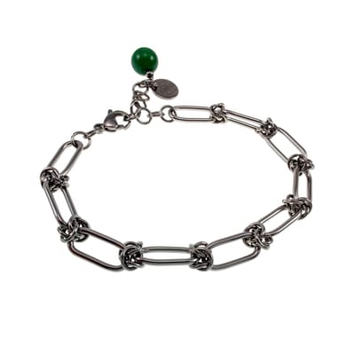 Armband Dames - Gepolist RVS - Paperclip Schakelsarmband met Donkergroen Jadesteen - Verstelbaar 15cm tot 19cm