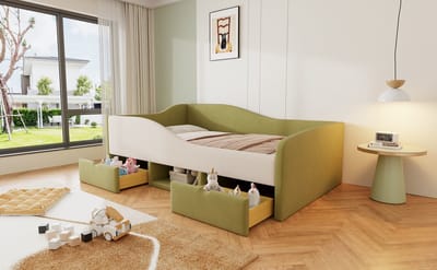 REDOM Ledikant 90x190 cm – Colorblock fluweel donkergroen/crèmewit – Met opbergruimte & veiligheidshekje
